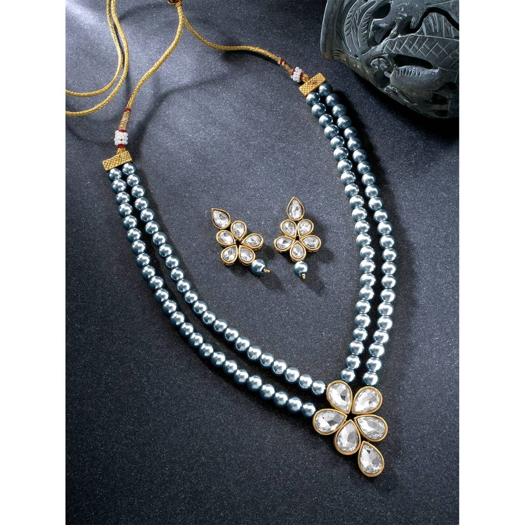 Crystal Faux Pearl Long Necklace With Drop Earrings Traditional Ethnic Jewellery Set For Women Girls-Pf24N184 : PF24N184DGRY
