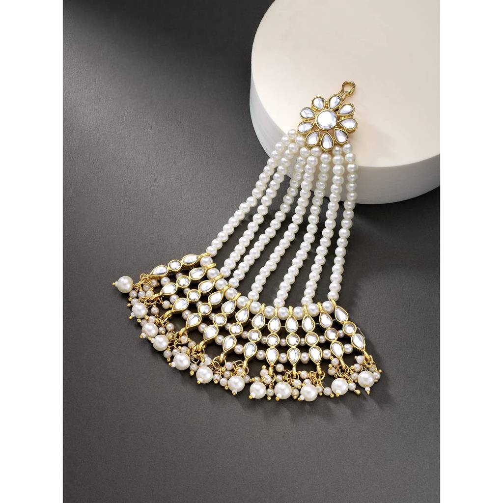Gold-Plated & White Kundan Pearl Studded & Beaded Jhumar Passa Womens Jewellery : PF28TK606W