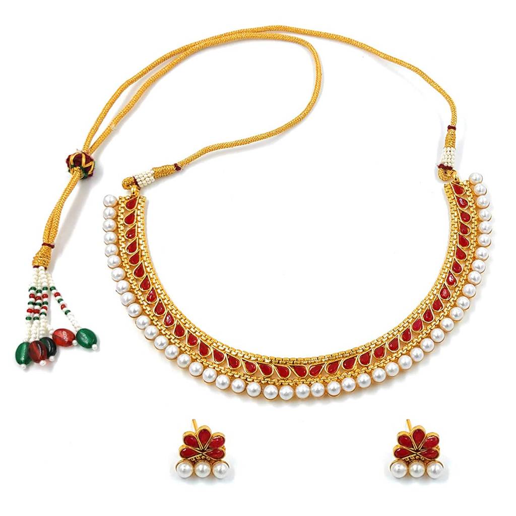 Traditional Gold Plated Studded Choker Necklace Jewellery Set For Women-Pf04N3390 : PF04N3390R