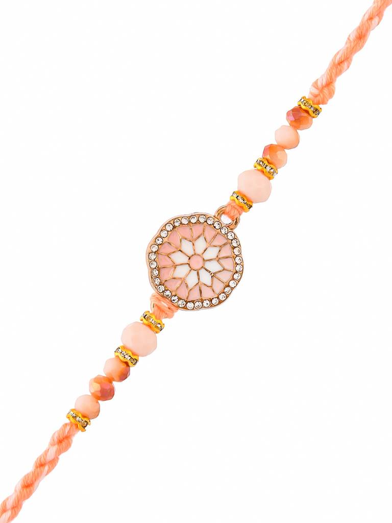 Men'S Orange Thread Traditional Design White Pearls Rakhi For Brother : 8905124524345