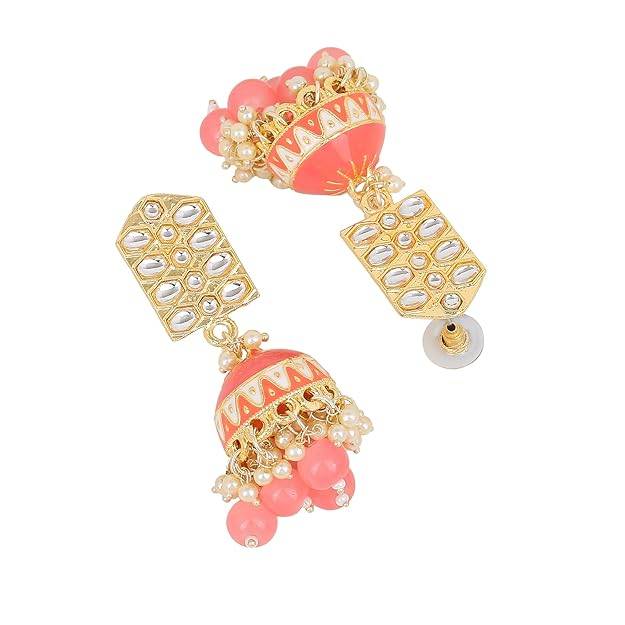 Estele Gold Plated Elegant Gehena Jhumka Earrings With Mint Pink Beads For Women : PJ-008-IGMPER