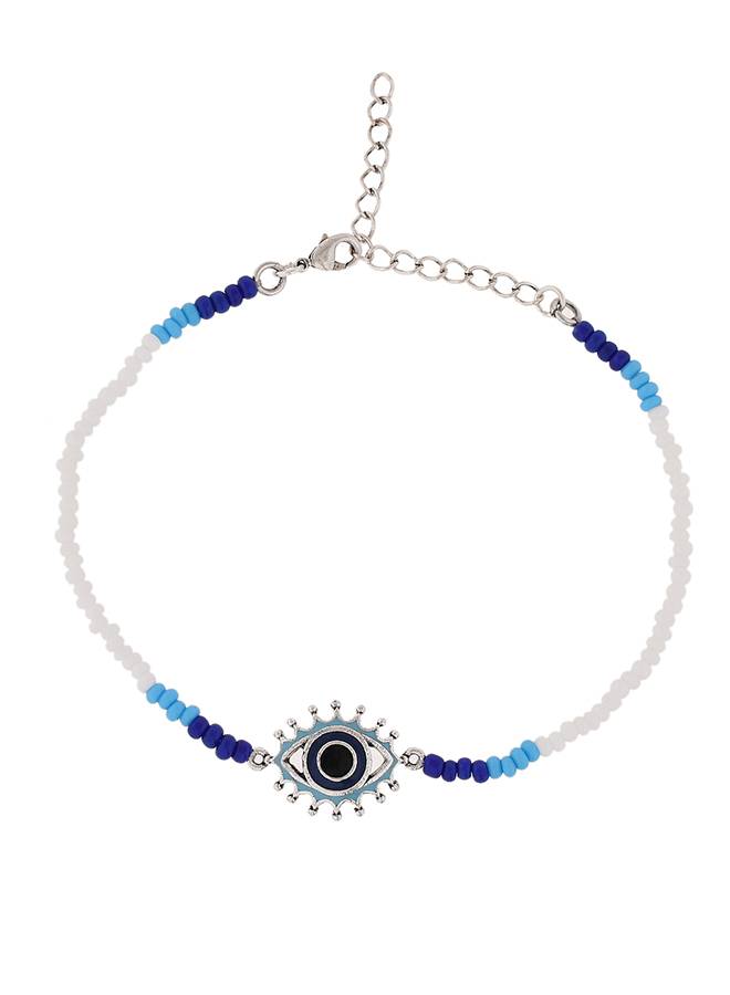 Evil Eye Silver Oxidized Motif With Blue-White Beads Chain Anklet : 8905124479201
