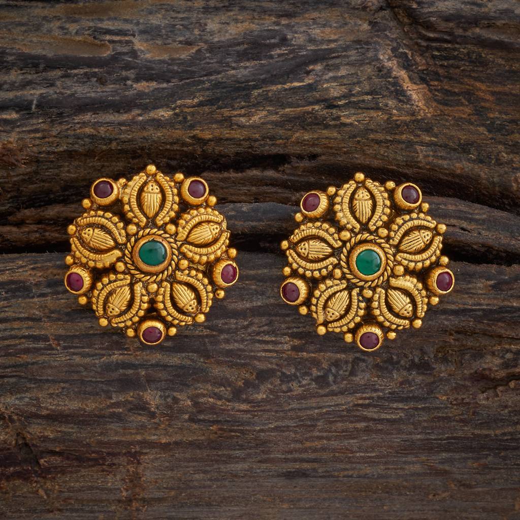 Kushal'S Fashion Jewellery Ruby-Green Oxidised Gold-Plated Ethnic 92.5 Pure Silver Temple Studs-177418 : 425358