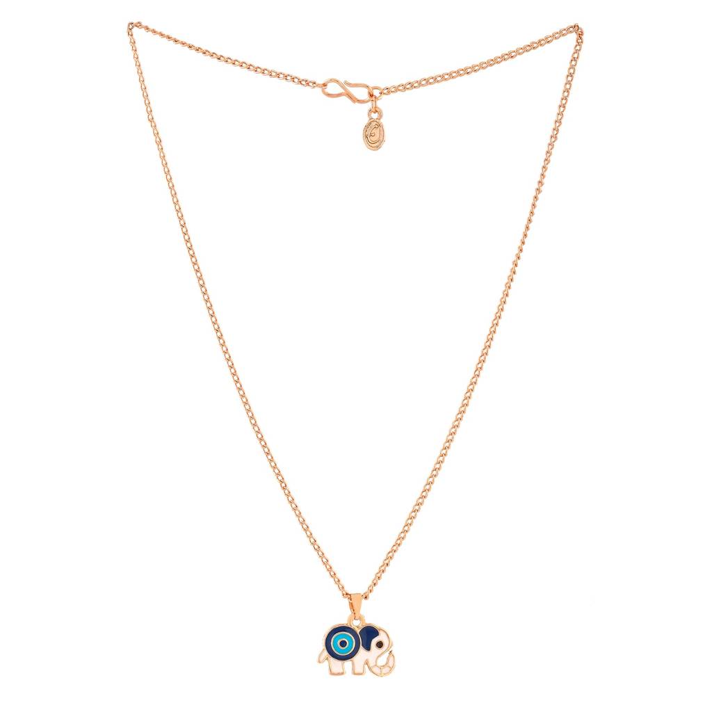 Estele Rose Gold Plated Gorgeous Elephant Designer Evil Eye Charm Pendant With Navy Blue & Turquoise Blu : 1011-RG-NBTQPENDANT