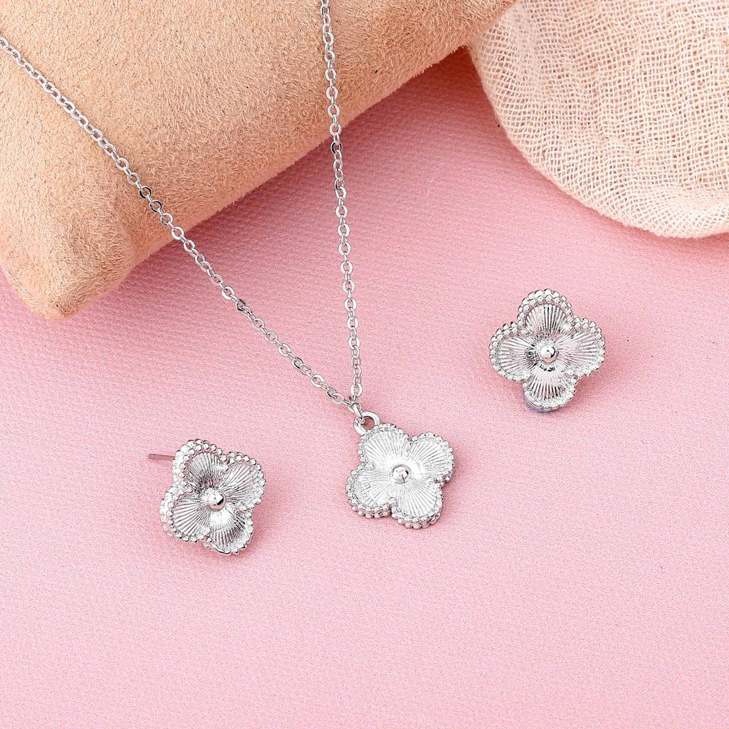 Estele Rhodium Plated Four Leaf Clover Design Pendant Necklace With Earrings For Women : 10201-IRNKER