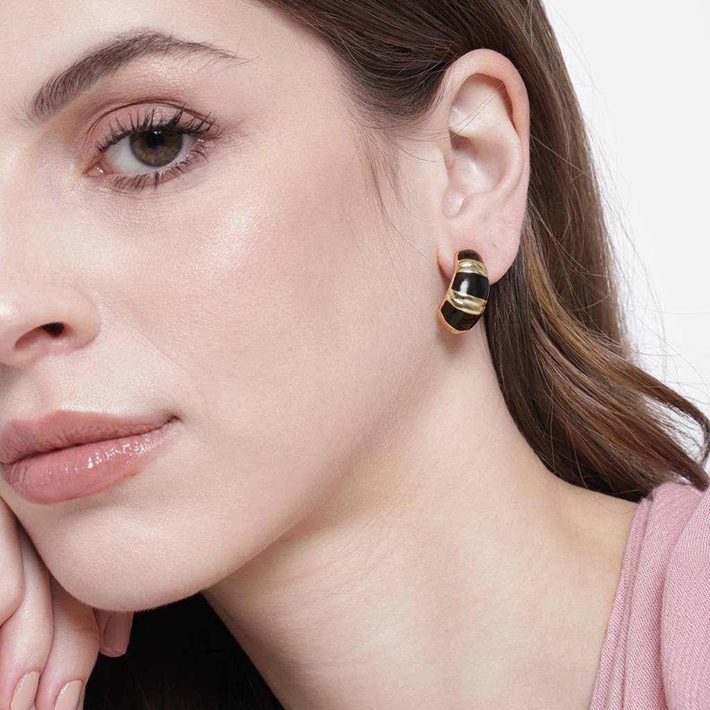 Estele Gold Plated Fancy & Trendy Black Enamel Huggie Earrings For Girls & Women : 671727ER