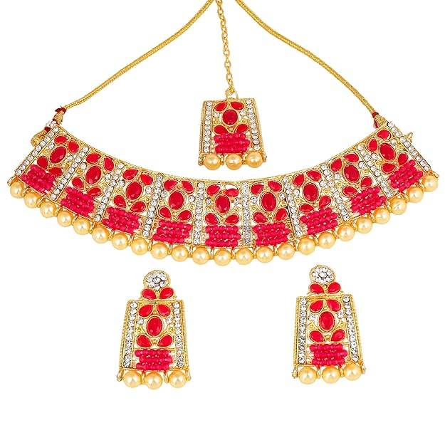 Estele Gold Plated Alluring Gehena Necklace Set & Maang Tikka With Pink Stones For Women : PJ-042-IGPNNKERTK