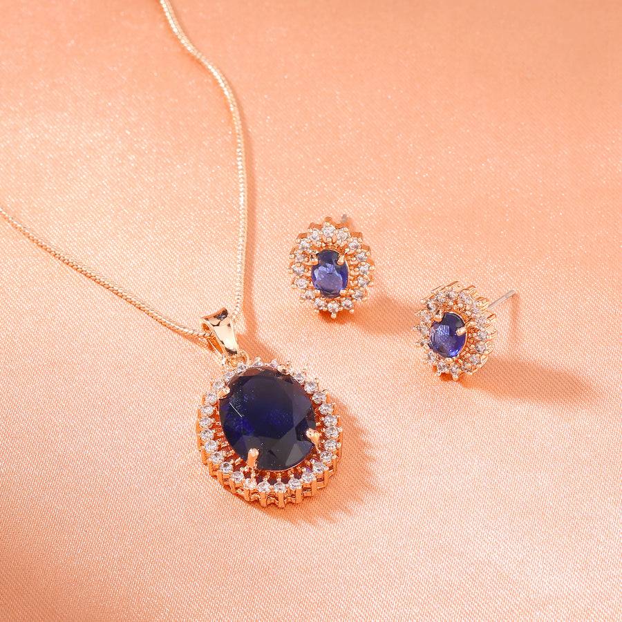 Estele Rose Gold Plated Cz Round Designer Pendant Set With Blue Stones For Women : AD-754-RGBLPDER