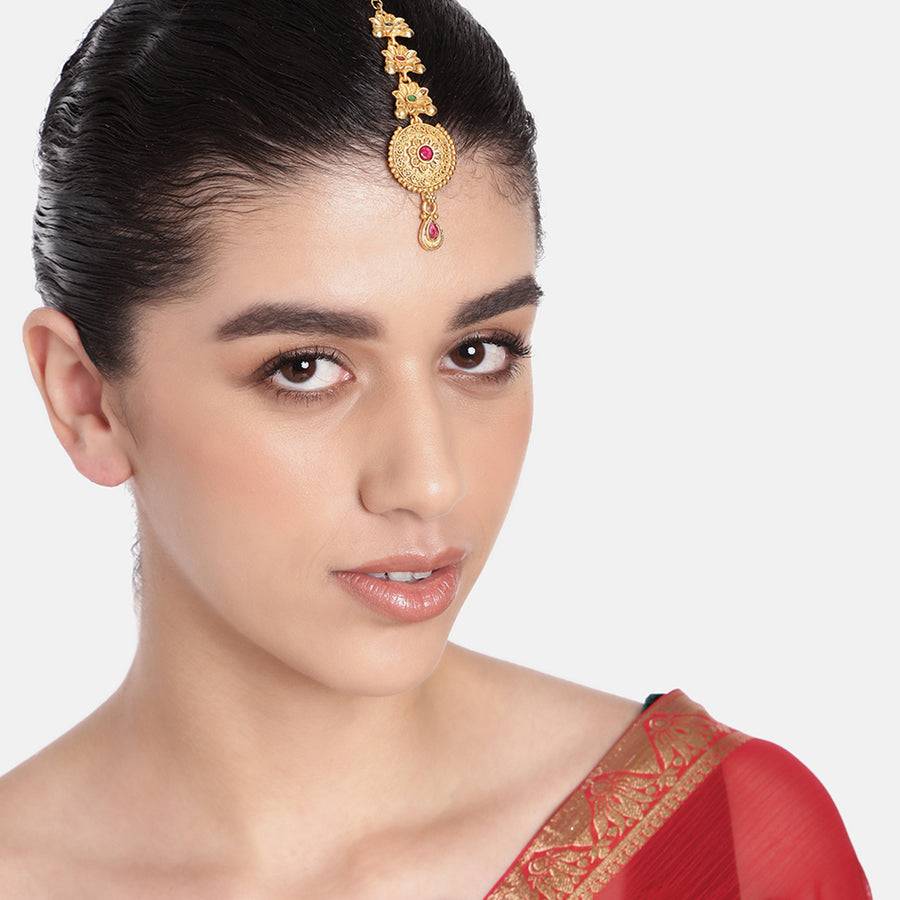 Estele Gold Plated Gorgeous Floral Matte Finish Maang Tikka With Multi-Color Crystals For Women. : 037-IGGNRBTIKAA