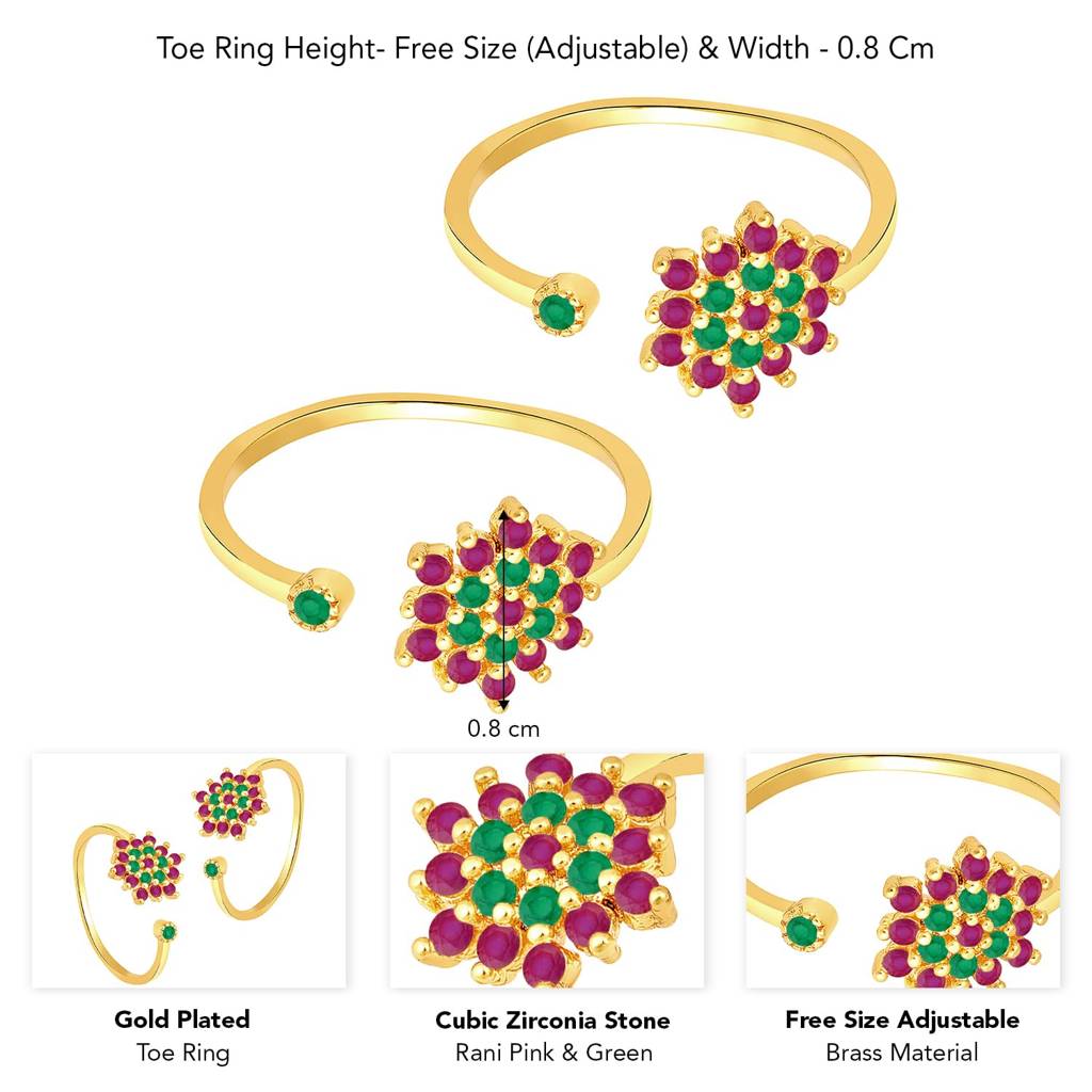 Gold Plated Rani Pink Green Cubic Zirconia Studded Stylish Toe Ring Adjustable Bichiya Fashion Jewellery Gift Fo : PF30TR18RPG