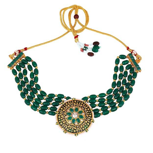 Estele Gold Plated Fascinating Designer Gehena Necklace Set With Green Beads For Women : PJ-022-IGGNNKER