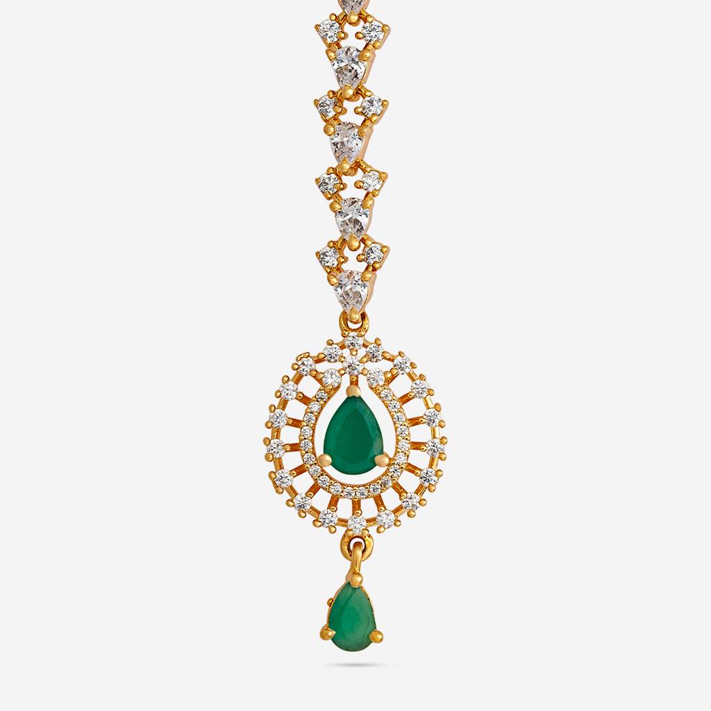 Green Gold-Plated Party Zircon Maang Tikka  -436505 : 436505