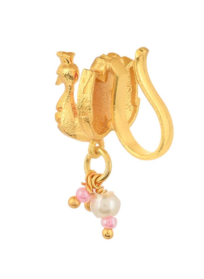 Shwet Kamal Lotus Motif Faux Pearls Gold Plated Slip On Nose Pin : 8905124464528