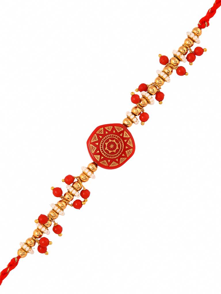 Men'S Red Enamelled White Pearls Thread Rakhi For Brother : 8905124524314