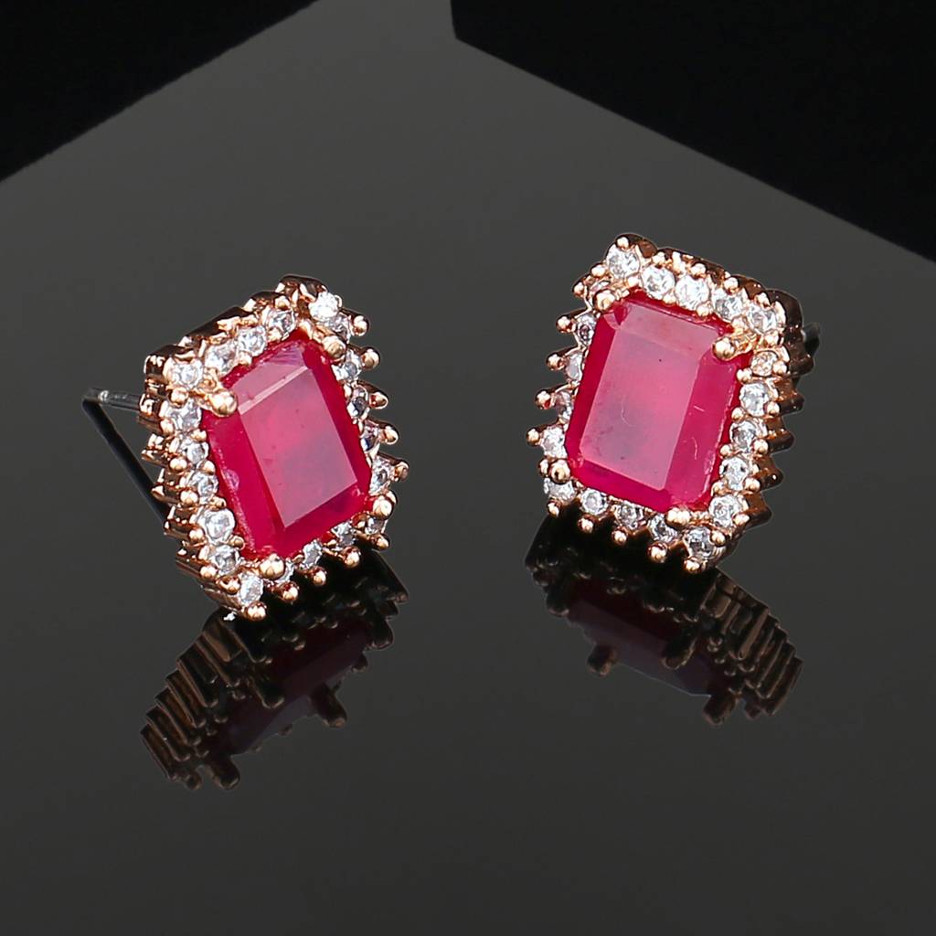 Estele Rose Gold Plated Cz Square Designer Stud Earrings With Ruby Stones For Girls & Women : AD-735-RG-RBERER