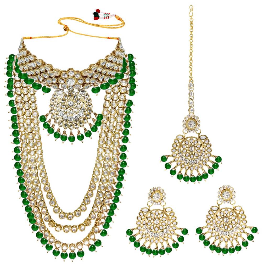 Gold Plated Kundan Faux Bead Bridal Long Necklace Choker Earrings Maangtikka Jewellery Set For Women Girls-Pf25Br : PF25BR106G