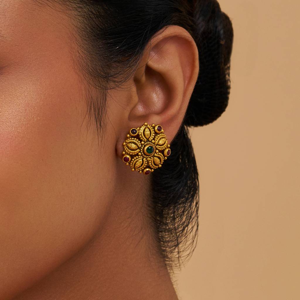 Kushal'S Fashion Jewellery Ruby-Green Oxidised Gold-Plated Ethnic 92.5 Pure Silver Temple Studs-177418 : 425358