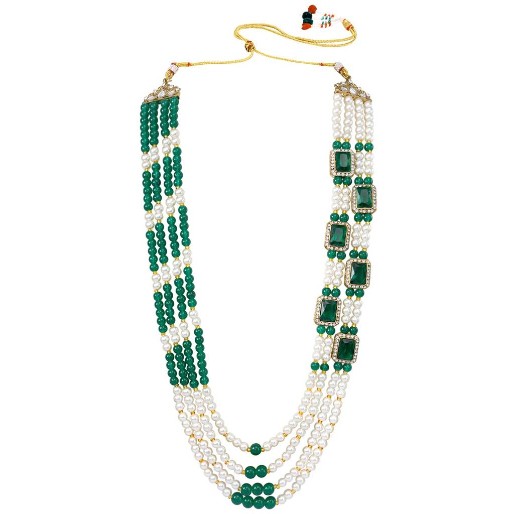 Gold Plated White Green Beads Studded Ethnic Sherwani Haar Maala Necklace Traditional Fancy Groom'S Jewellery Gift : PF31MN04G