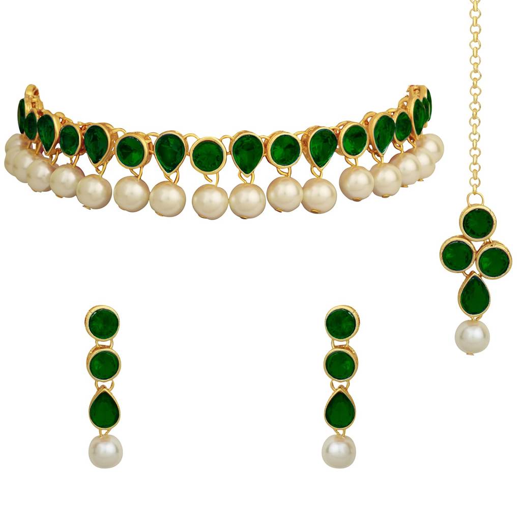 Kundan Pearl Traditional Ethnic Choker Necklace Earring Maangtikka Jewellery Set For Women-Pf24N47 : PF24N47G