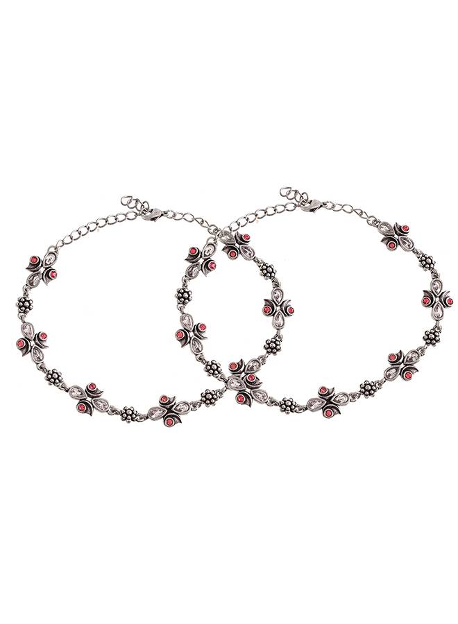 Abharan Silver Plated Pink And White Stones Anklets : 8905124493375