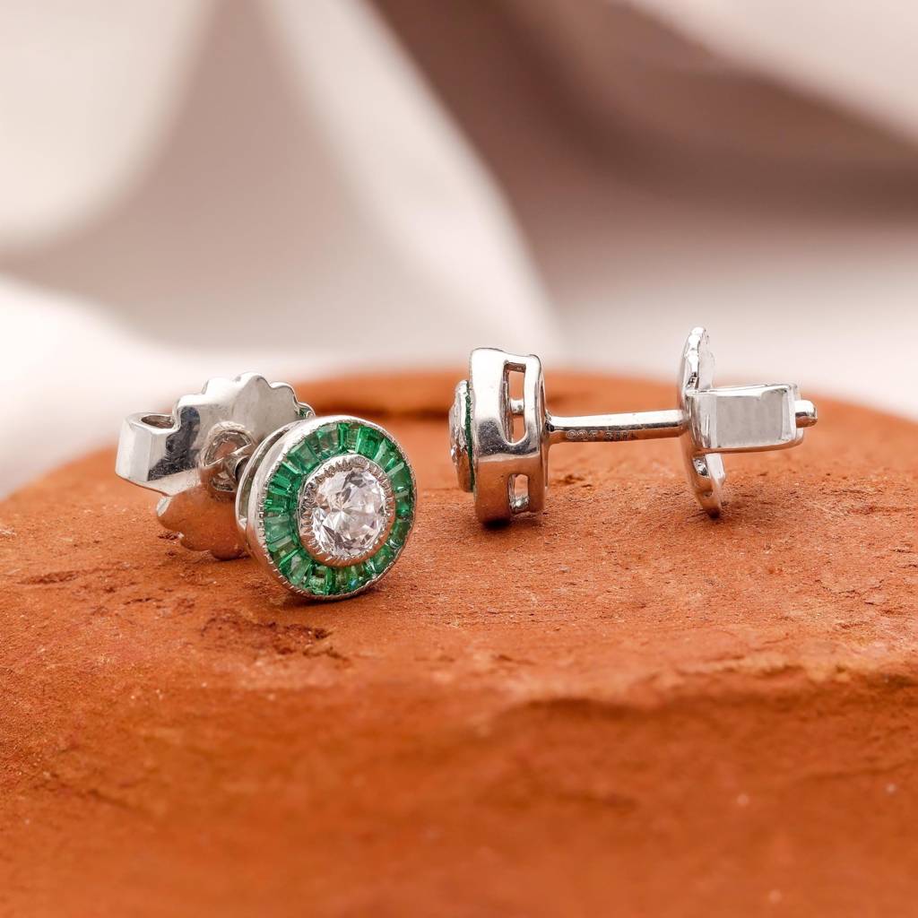 925 Silver Round Cz And Emerald Halo Stud Earrings Â Vintage Style Jewelry Gift : SE_000618