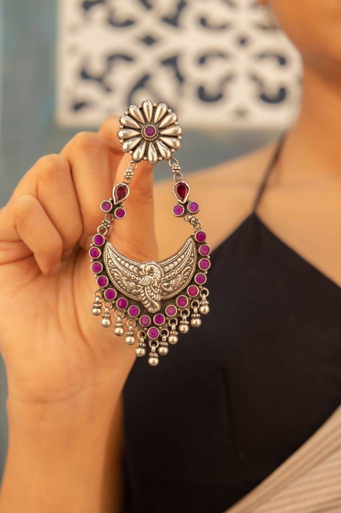Tattva Peacock Motif Flower Embossed Jadau Statement Earring : SE90685