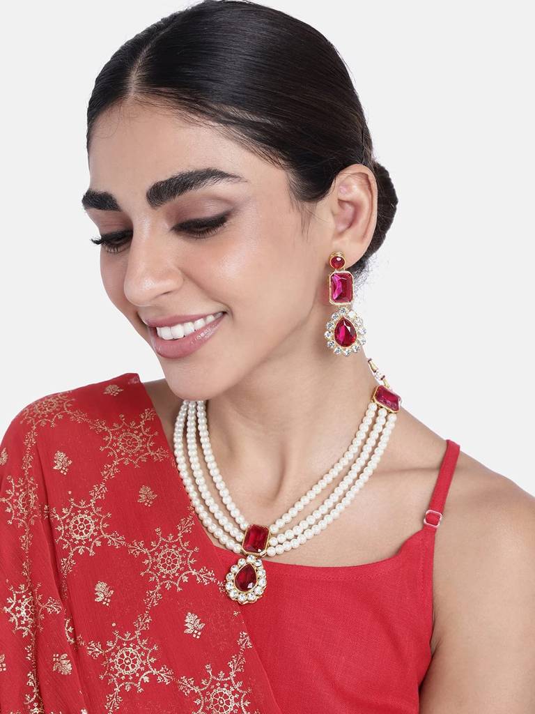 Gold Plated Rani Pink Kundan Long Necklace Earring Indian Traditional Jewellery Set For Women : PF24N31RP