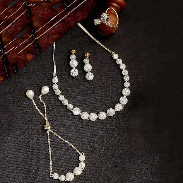 ion Jewelry Combo Of Choker Necklace Set For Women: Gold & Rhodium Plated Sparkling White American Di : OSAKCOM006-2TNWENKERBRFN