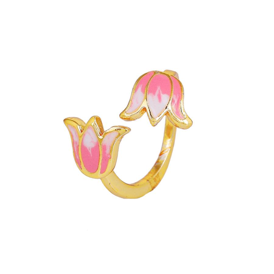 Estele Gold Plated Pink Enamel Lotus Designer Stylish Adjustable Finger Ring For Girl'S & Women : AD-143-IGRING