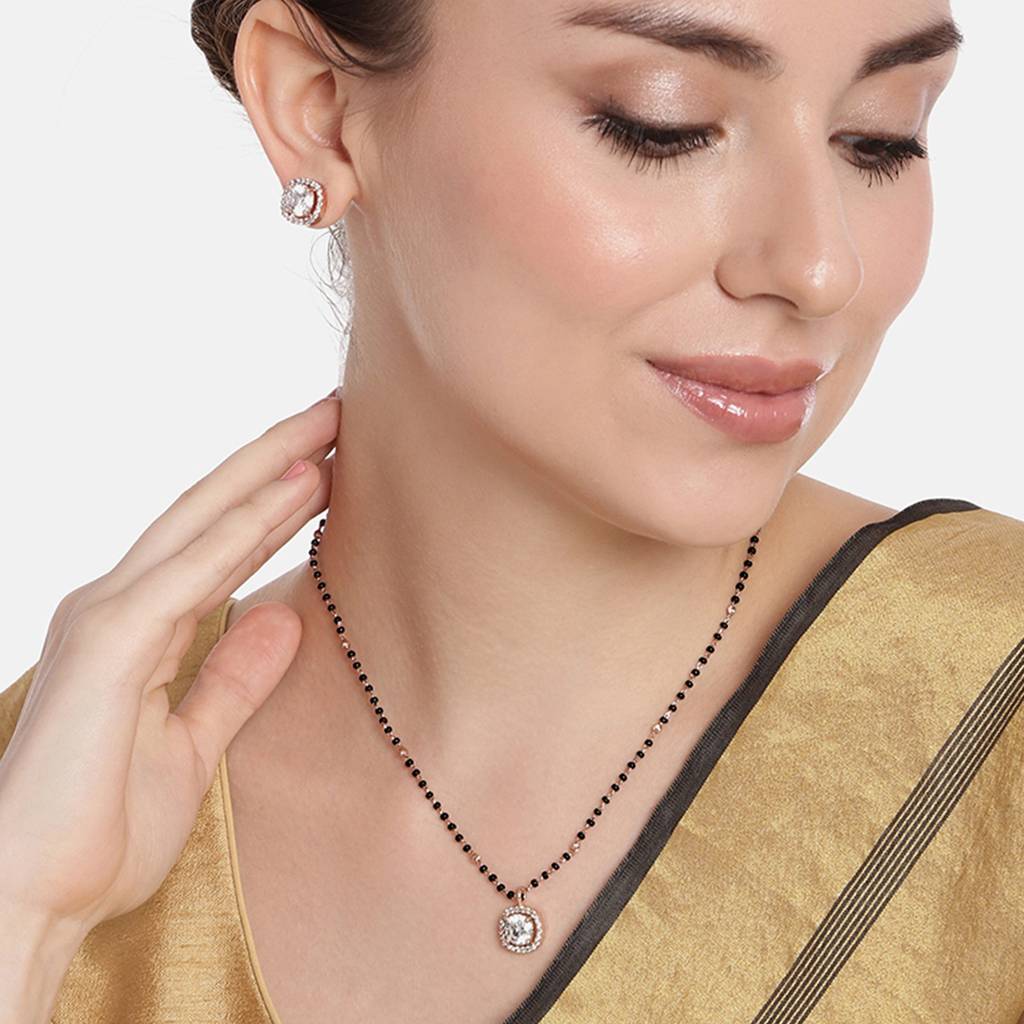 Estele Rose Gold Plated Cz Sparkling Square Designer Mangalsutra Necklace Set For Women. : ADMS037-RGWENKER