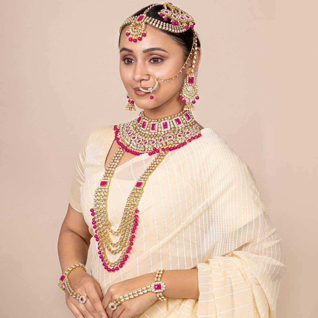 Ethnic Traditional Gold Plated Kundan Studded Dulhan Bridal Jewellery Set With Choker Earrings Maang Tikka Hathph : PF36BR02RP