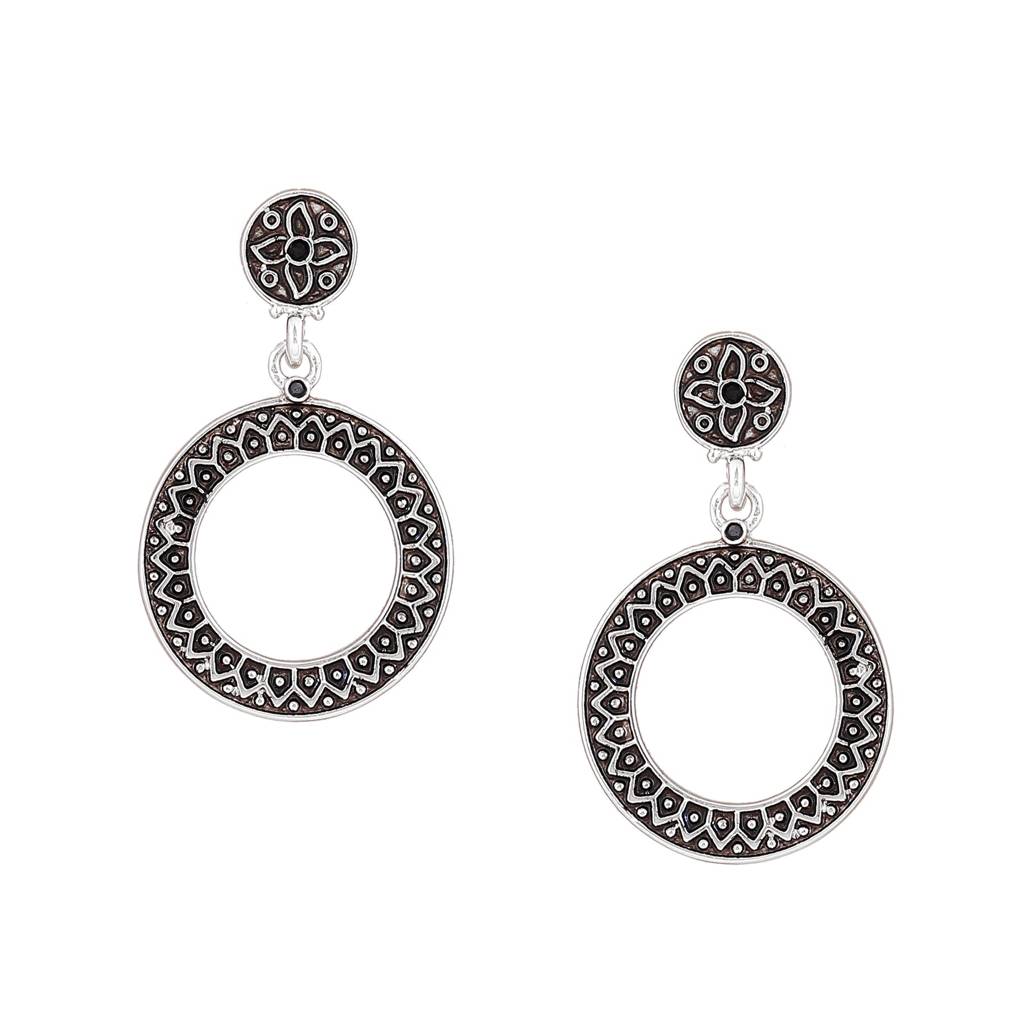Estele Oxidised Silver Plated Circular Drop Earrings For Women