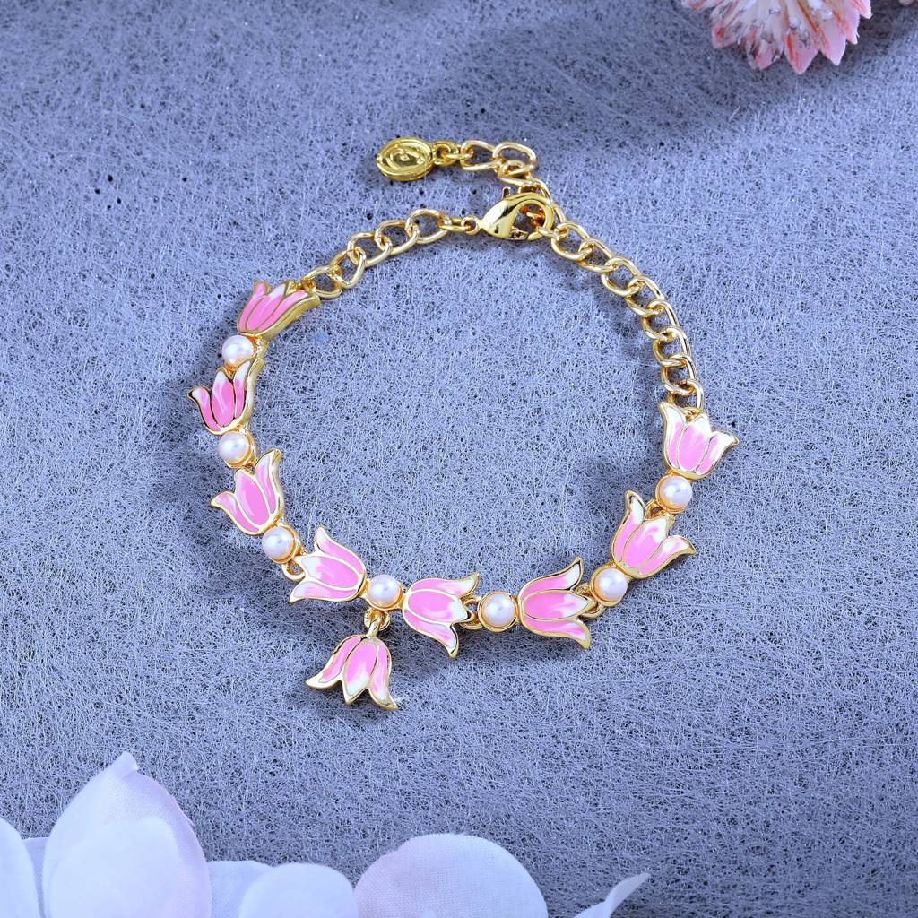Estele Gold Plated Pink Enamel Lotus Designer Link Chain Adjustable Bracelet With Pearls For Girl'S & Women : 102176-IGBR