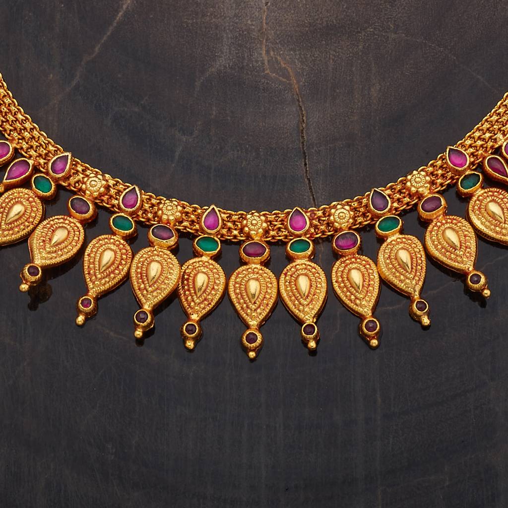 Kushal'S Fashion Jewellery Ruby-Green Gold-Plated Ethnic 92.5 Pure Silver Temple Necklace-177443 : 425459