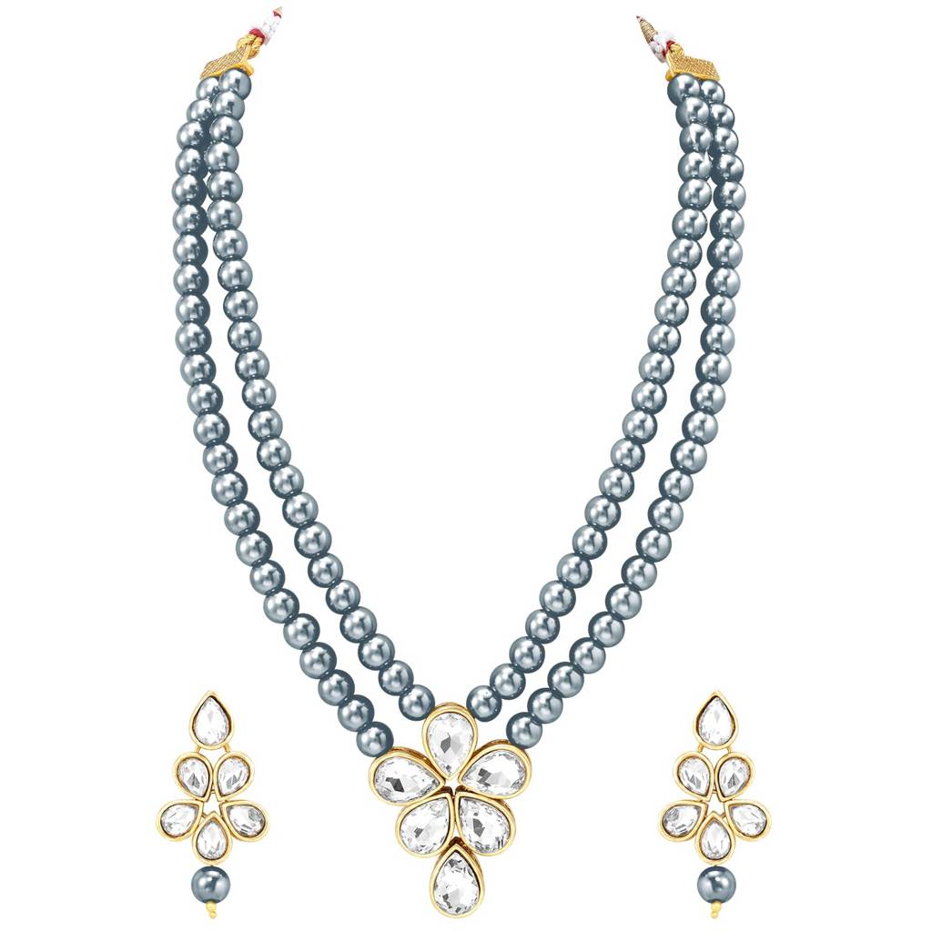 Crystal Faux Pearl Long Necklace With Drop Earrings Traditional Ethnic Jewellery Set For Women Girls-Pf24N184 : PF24N184DGRY