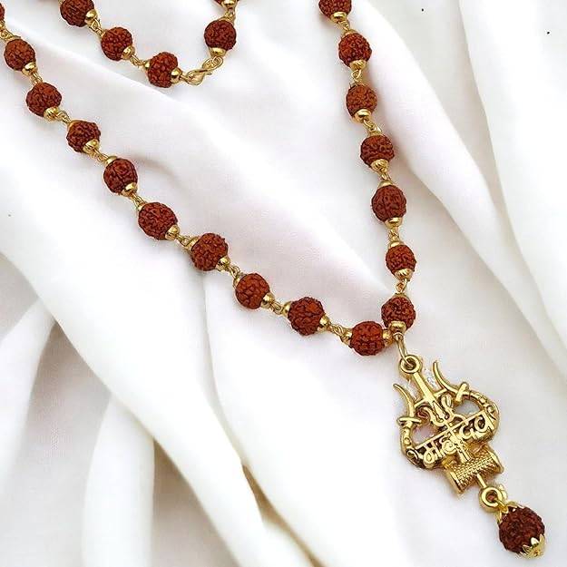 Mahadev Trishul Damru Pendant Mala With Rudraksha Beads Spiritual Chain For Men : OSAK055-IGBRNPENDANT