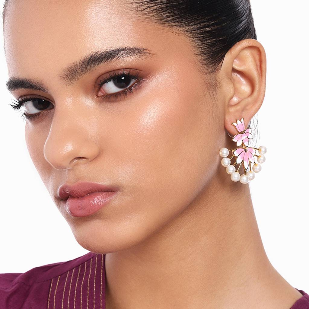 Estele Gold Plated Lotus Designer Pearl Drop Earrings With Pink Enamel For Girl'S & Women. : 799710-IGER