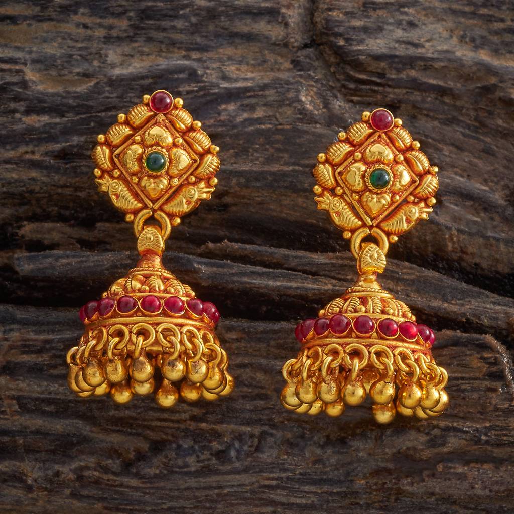 Kushal'S Fashion Jewellery Ruby-Green Gold-Plated Ethnic 92.5 Pure Silver Temple Jhumkas-174145 : 417974
