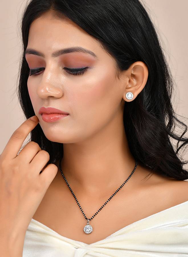 Sparkling Essentials White Round Cz Studded Silver Mangalsutra Set : 8905124495058