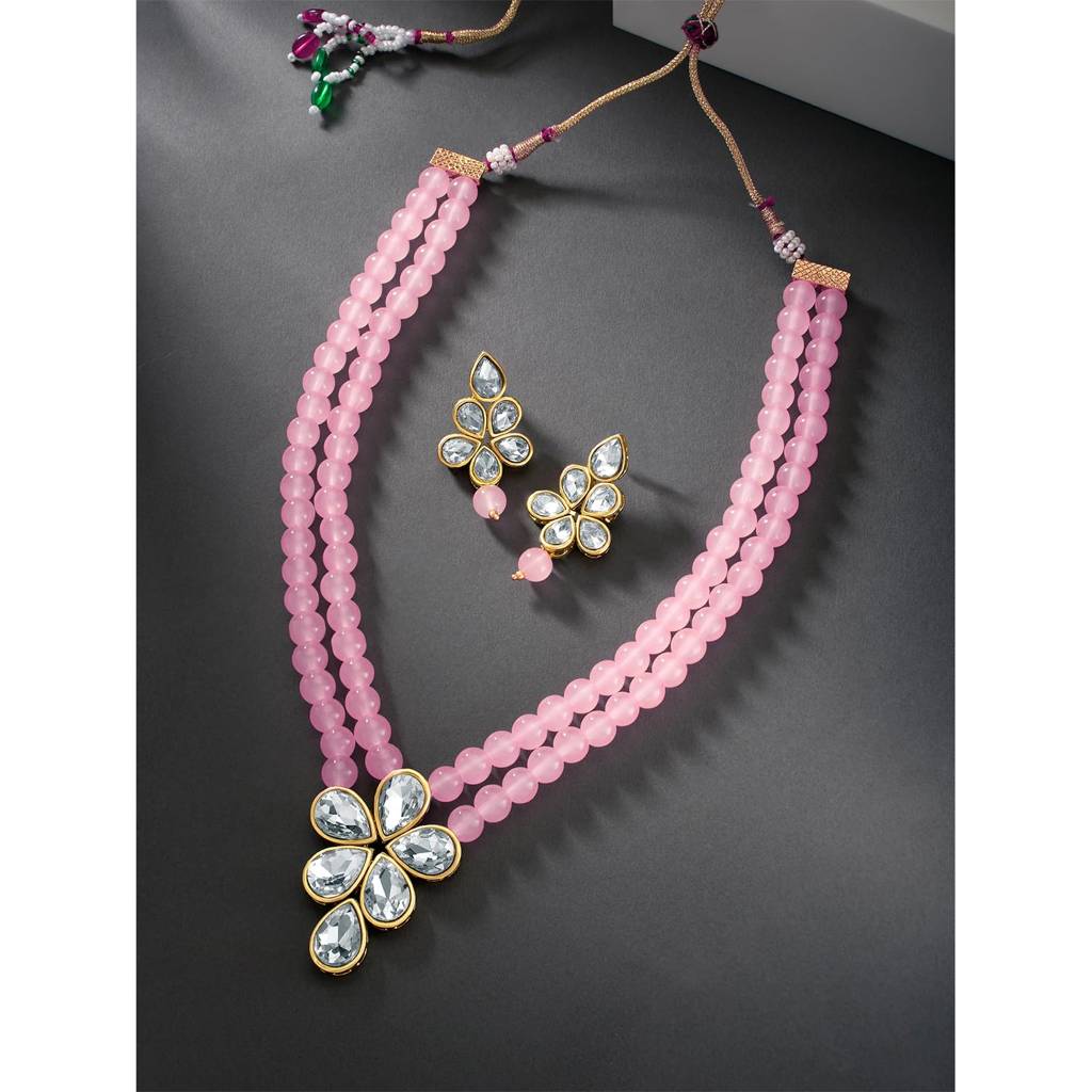 Crystal Faux Pearl Long Necklace With Drop Earrings Traditional Ethnic Jewellery Set For Women Girls-Pf24N184 : PF24N184PK