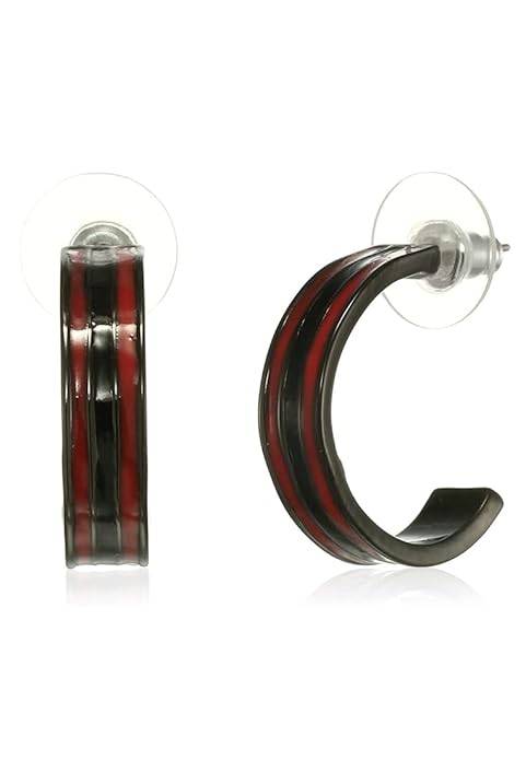 Estele Black Chrome Plated Red And Black Enamel Hoop Earrings For Women : 700705-IGER