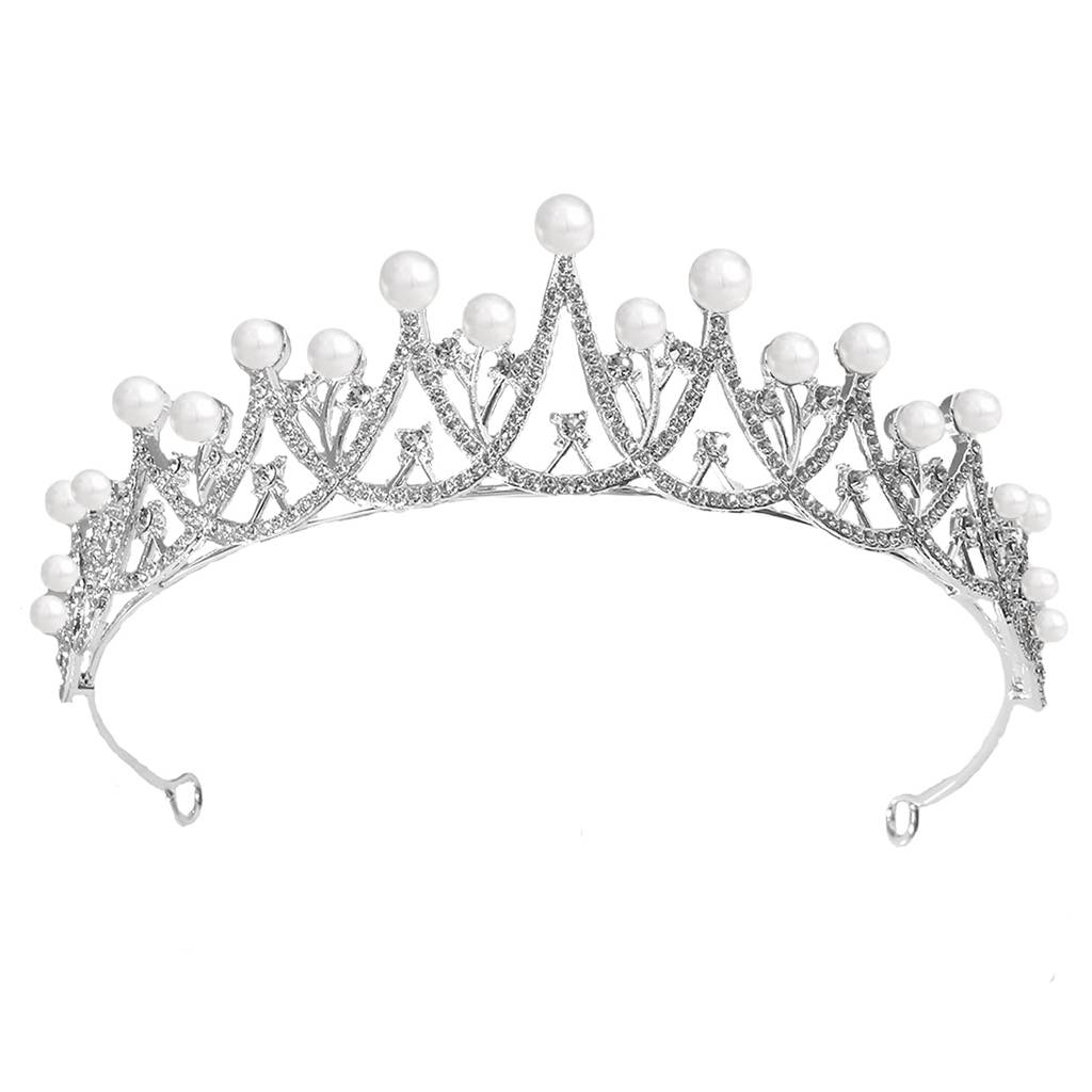 Silver Plated Cubic Zirconia & Pearl Studded Princess Tiara Crown Hair Accessory For Girls & Women : PX9CW04