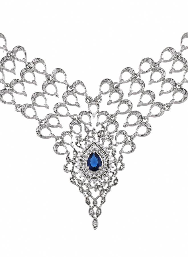Peacock Royal Blue And White Cz Cutwork Design Waterfall Jewellery Set : 8905124514759