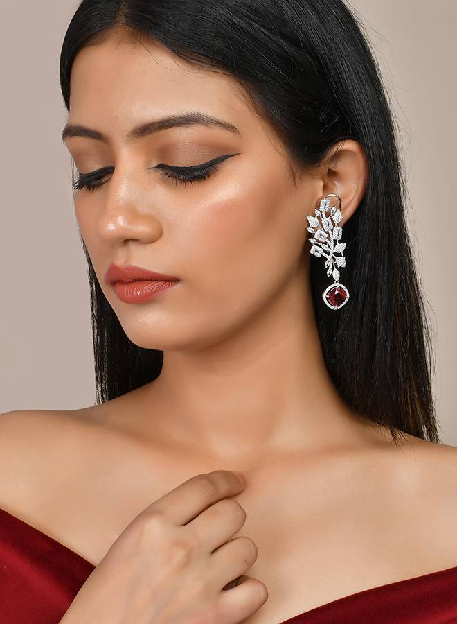 Sparkling Elegance Red Curved Cz Studded Earings : 8905124499636