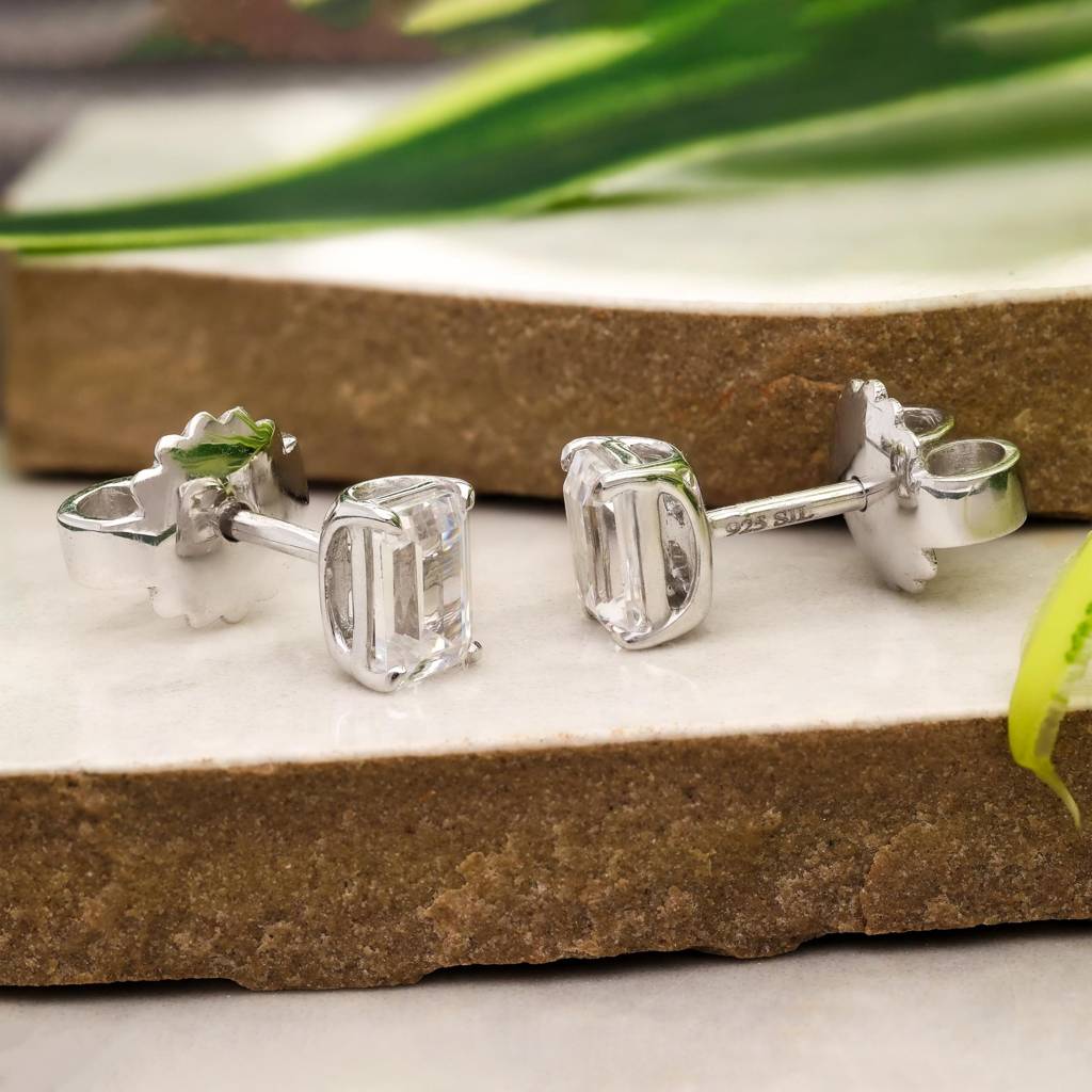 925 Silver Emerald Cut Cz Studs | Elegant Baguette Gift : SE_000793