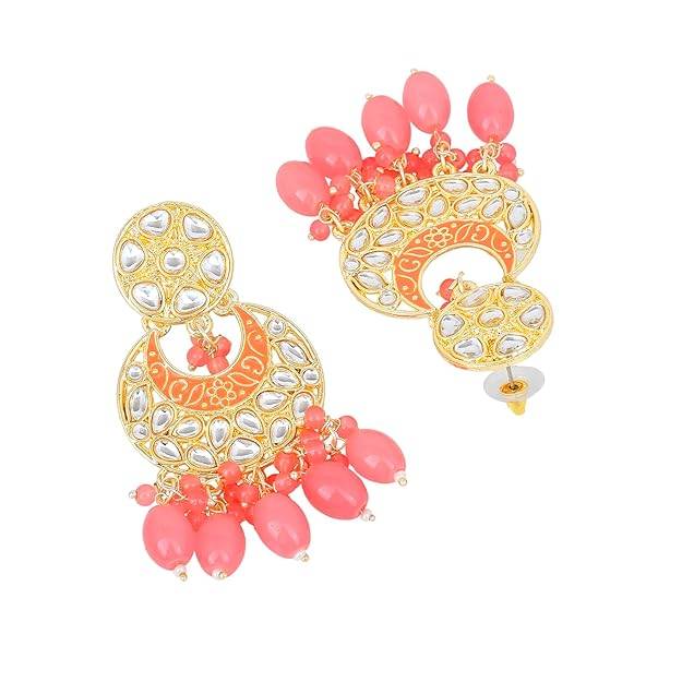Estele Gold Plated Fascinating Gehena Chandbali Earrings With Mint Pink Beads For Women : PJ-006-IGMPER