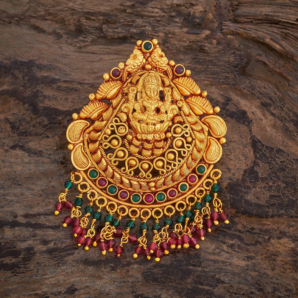 Kushal'S Fashion Jewellery Ruby-Green Gold-Plated Ethnic 92.5 Pure Silver Temple Pendant - 425420 : 425420