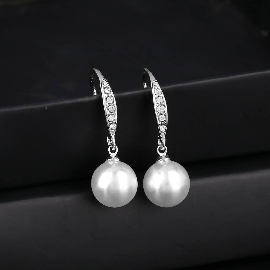 Estele Rhodium Plated Enchanting Pearl Drop Earrings With White Crystals For Girls & Women : 650707-IRER