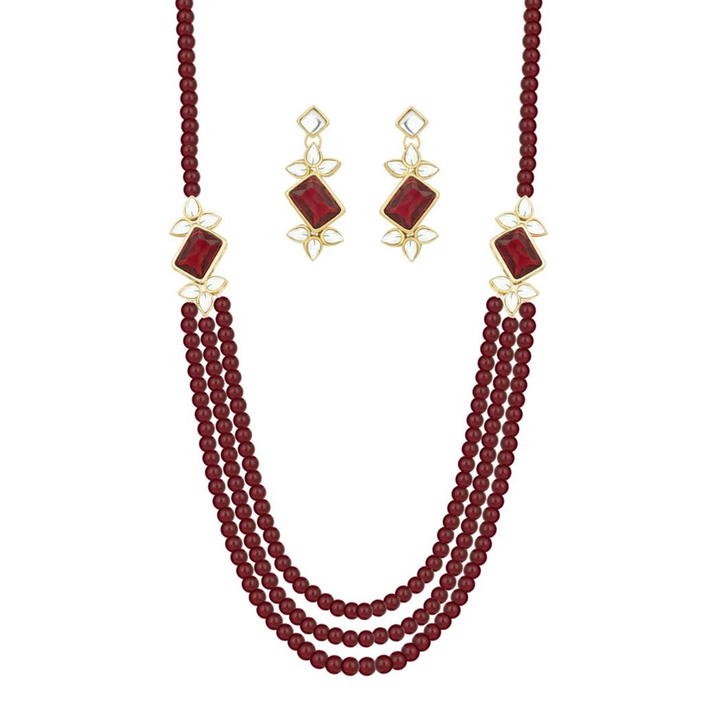 Gold Plated Bridal Maroon Pearl Kundan Multi-Strand Necklace Traditional Indian Jewellery Set For Women With Earri : PF25N014M