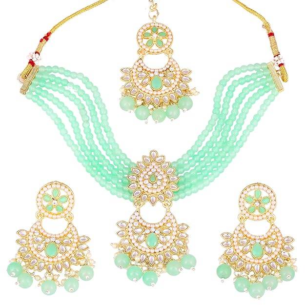 Estele Gold Plated Graceful Gehena Necklace Set & Maang Tikka With Mint Green Beads For Women : PJ-033-IGMGNKERTK